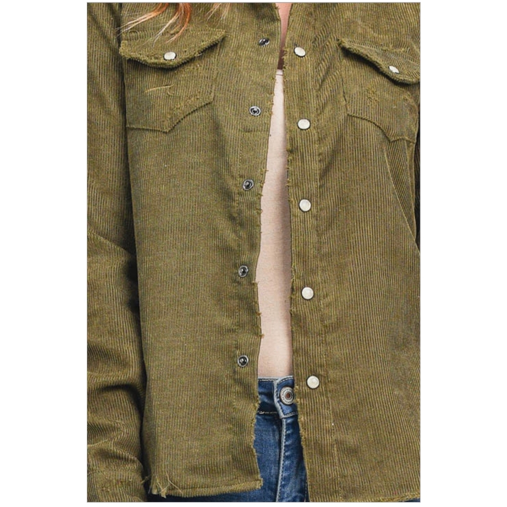 LAST ONE❗️SKYLAR+MADISON Olive Distressed Corduroy Shirt - Picture 3 of 6